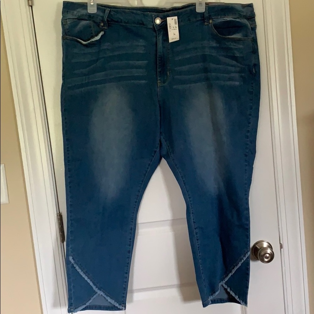 Denim capris with criss cross legs